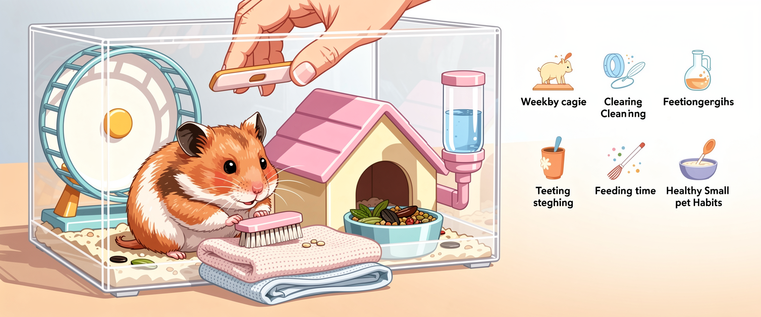 Ilustrasi jadwal bersih kandang yang tidak membuat hamster stres untuk HamtaroToto dengan tema perawatan hamster, kandang mini, jadwal bersih, makanan, dan kebiasaan hewan kecil.