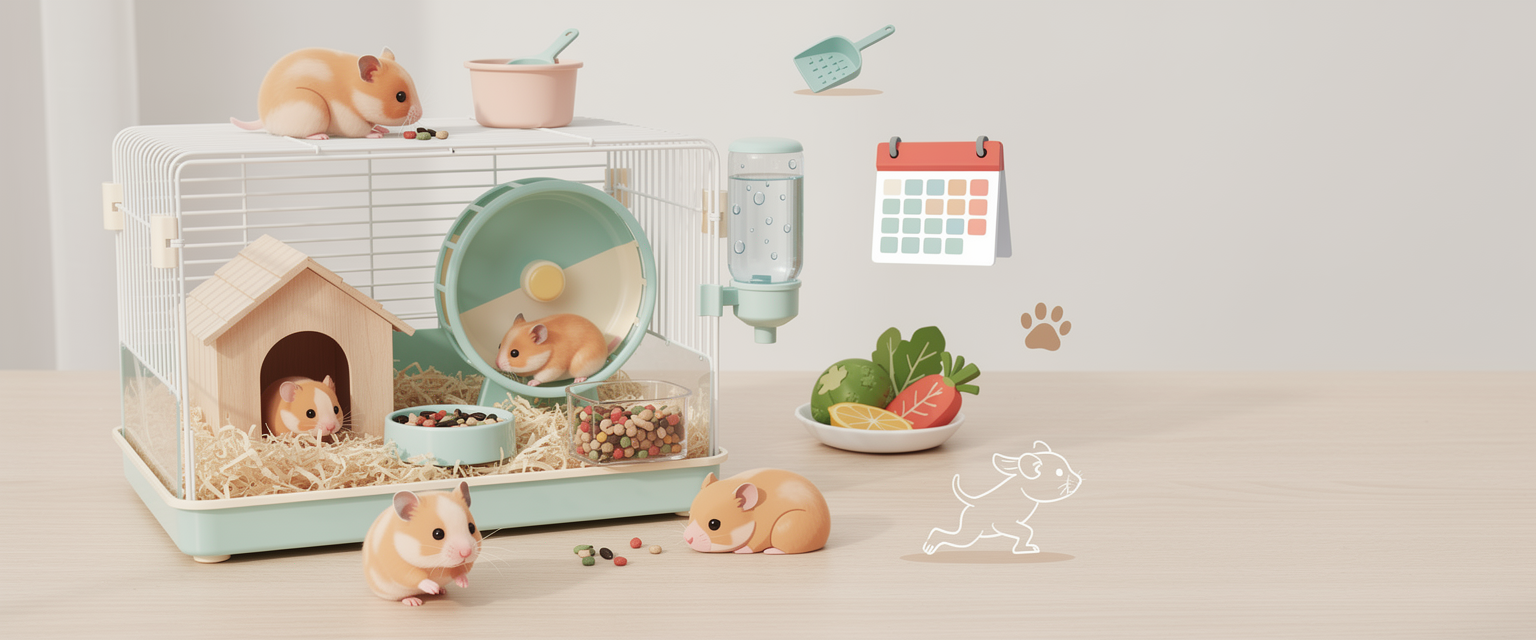 Ilustrasi panduan kandang hamster untuk pemilik pemula untuk HamtaroToto dengan tema perawatan hamster, kandang mini, jadwal bersih, makanan, dan kebiasaan hewan kecil.